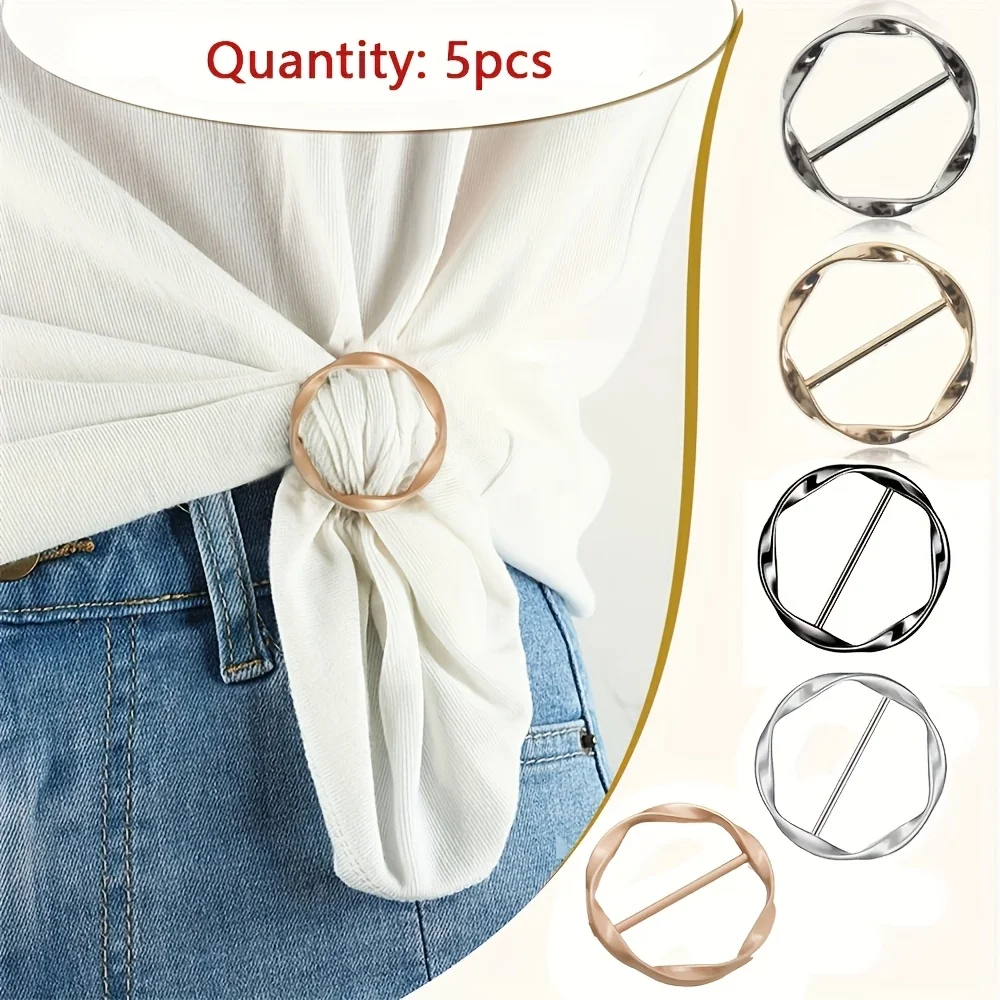 5pcs Fashion Metal Round Circle Clip Buckle Shawl T-Shirt Tie Clip Brooch Waist Buckle Versatile Clothing Ring Wrap Holder