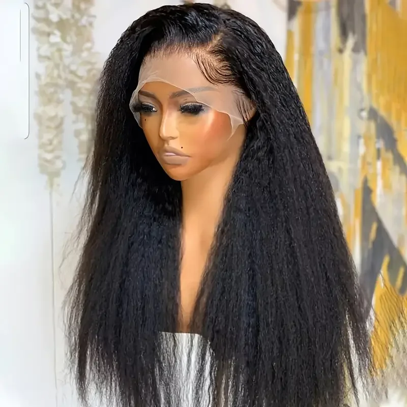 

Yaki 26 Inch Black 180Density Synthetic 13*4Lace Front Wig Kinky Straight Long For Women Babyhair PrePlucked Daily Glueless