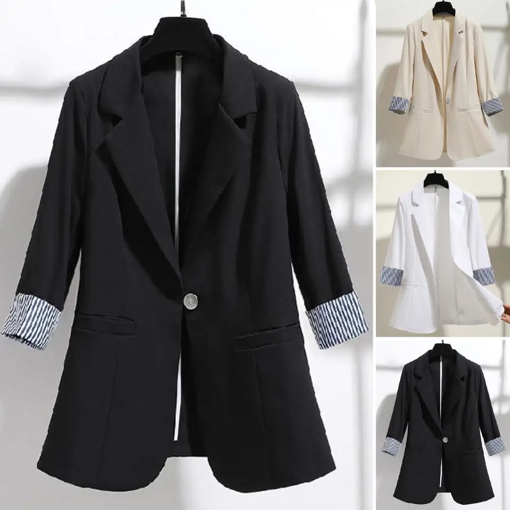 

3/4 Sleeve Striped Patchwork Cuff Pockets Women Blazer Solid Color Lapel Single Button Thin Suit Coat Workwear