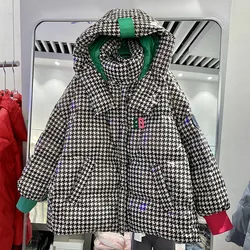 Chaqueta acolchada con capucha a cuadros para mujer, parka holgada informal de plumón de pato blanco, abrigo de manga larga con cordón, ropa de nieve para mujer