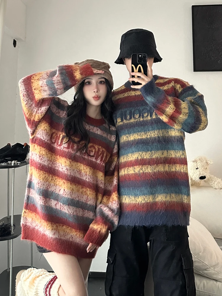 Rainbow Stripes Color Block Sweater Couple Matching American Retro Lazy Knitted Shirt Loose Fit Casual Style Long Sleeve Thermal