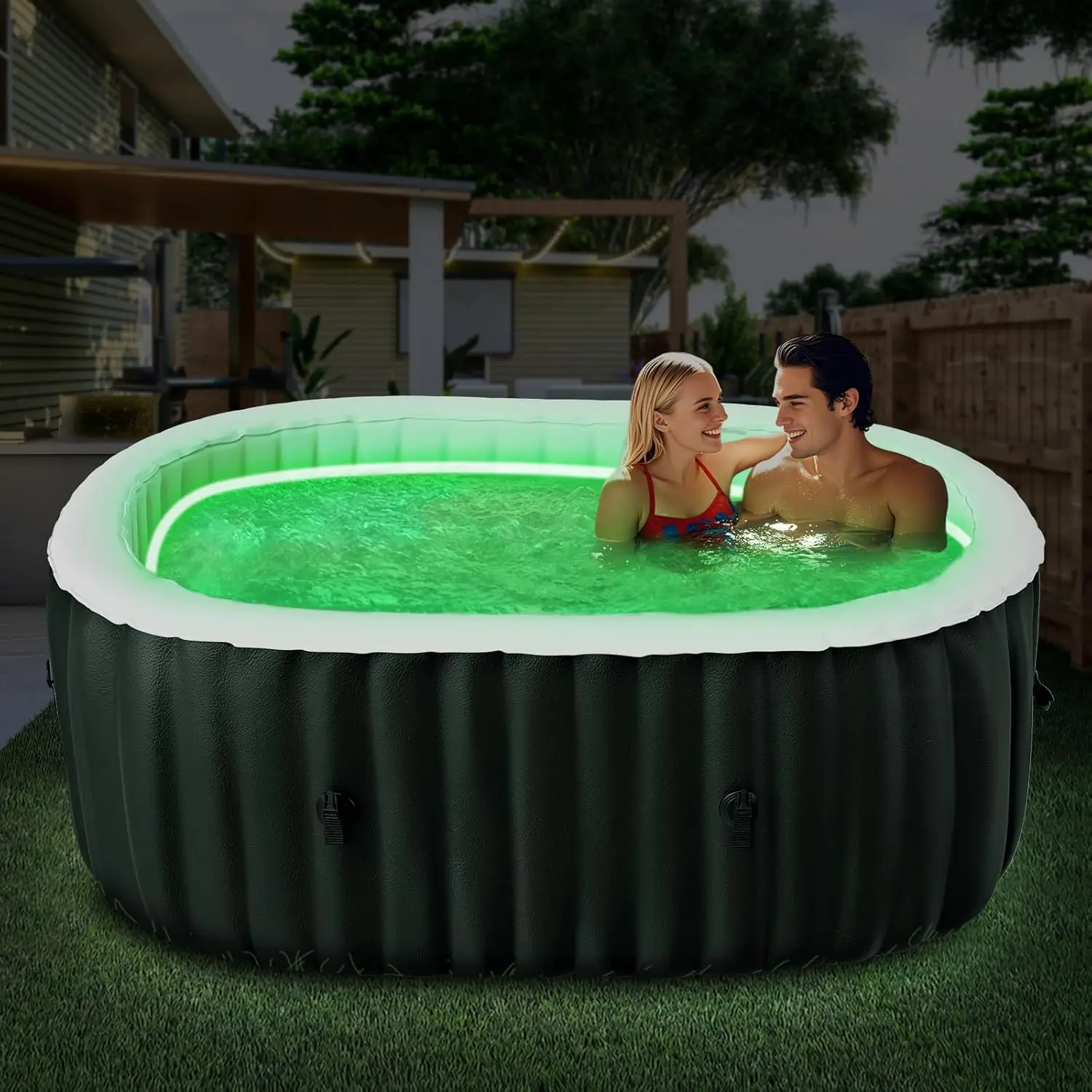 Aufblasbarer Whirlpool mit LED-Beleuchtung, ovaler tragbarer Whirlpool für 2 Personen, auslaufsicheres PVC-Outdoor-Spa mit 100 Luftdüsen, inklusive Pumpe