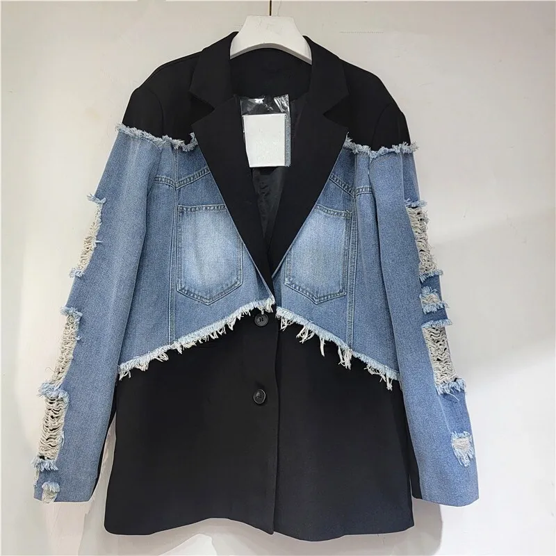 

Spring Women Vintage Contrast Color Hole Denim Patchwork Black Suit Jacket Casual Notched Collar Long Sleeve Female Blazers Coat