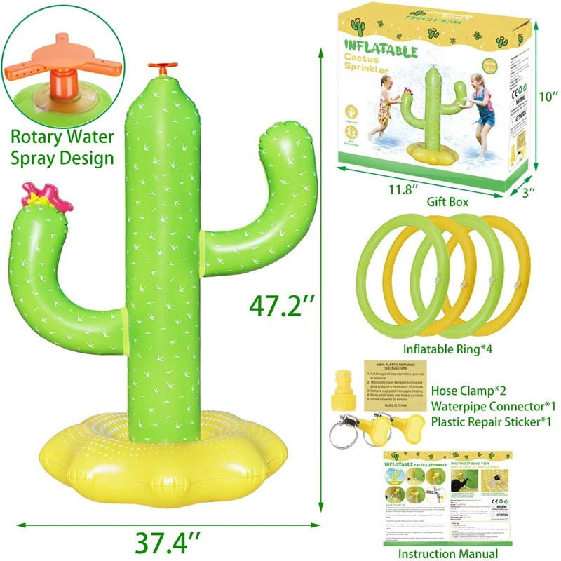 Inflatable Cactus Pool Toys for Boys Girls Summer Outdoor Game with 4 Rings Backyard Water Sprinkler Spray Toy Gifts for Kids