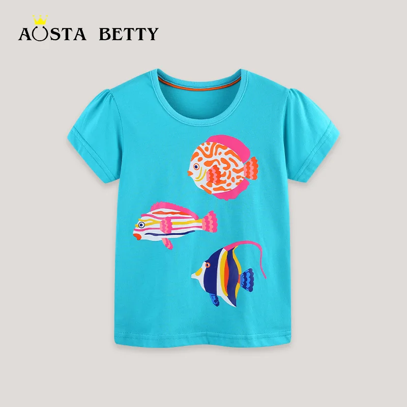 Summer new girls' short-sleeved T-shirt European and American style cute printed children's top knitted cotton toddler T-shirt