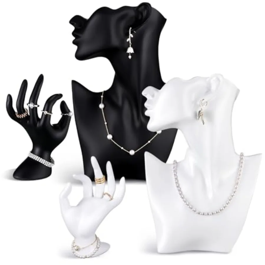 

Набор из 4 манекенов-бюстов для демонстрации ювелирных изделий из смолы: подставки для ожерелий и серег, а также женские манекены-руки для колец и браслетов