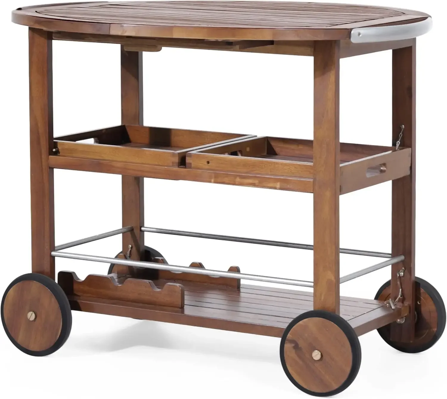 Tillary Tiller Outdoor Acacia Wood Bar Cart Aluminum Accents, Dark Oak/Shiny Powder Coating