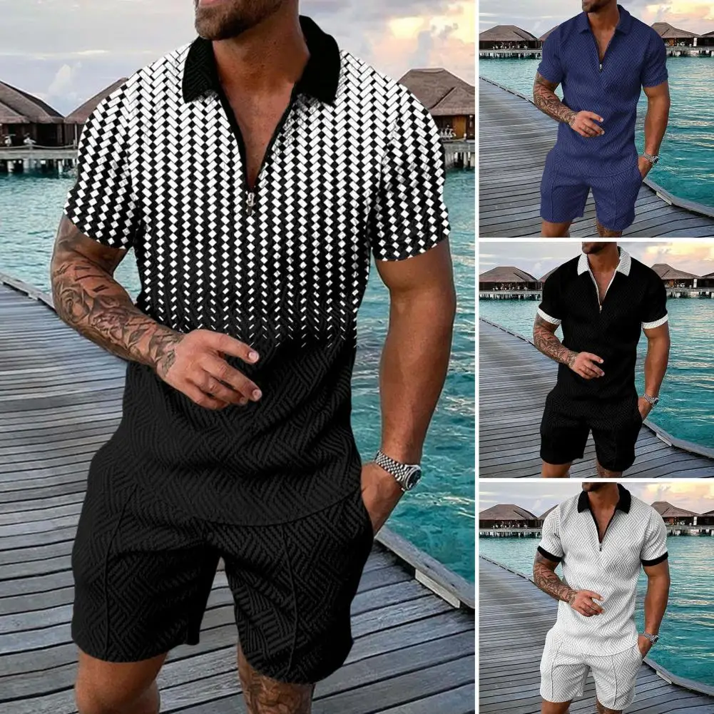 2 Pcs/Set Stylish Zipper Elastic Waist Men Shirt Trousers Set Zip Up Men Tops Shorts Set Turn-down Collar Daily Clothing