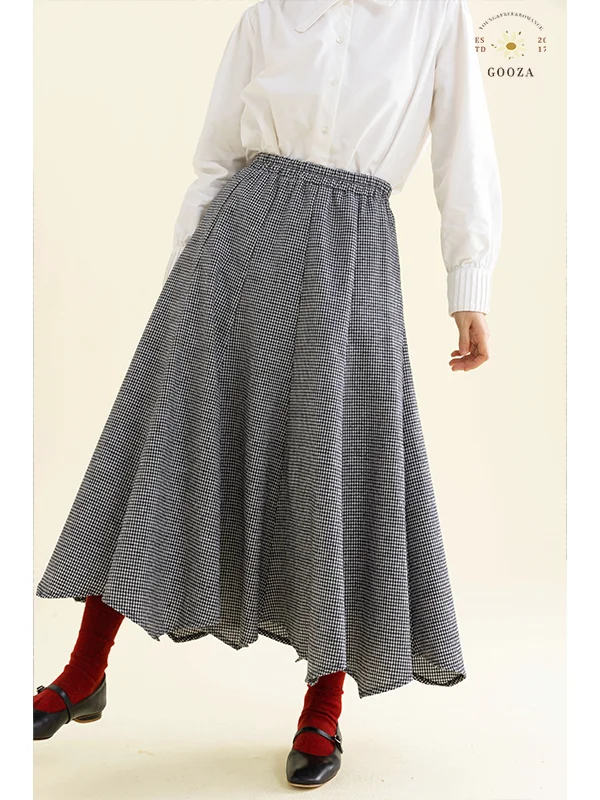 

Bla White Plaid Woolen Skirt with Elastic Waist Petal Design f-length Skirts for Women Commute Sle Daily Wear