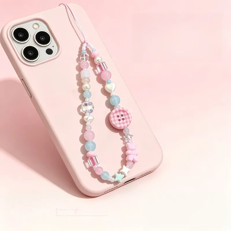 Gantungan Ponsel Korea Manis Lucu 3D Pink Berhias Kancing dan Manik-Manik, Tali Lanyard untuk iPhone Samsung Universal, Anti-Hilang, Perhiasan Tali Gantung
