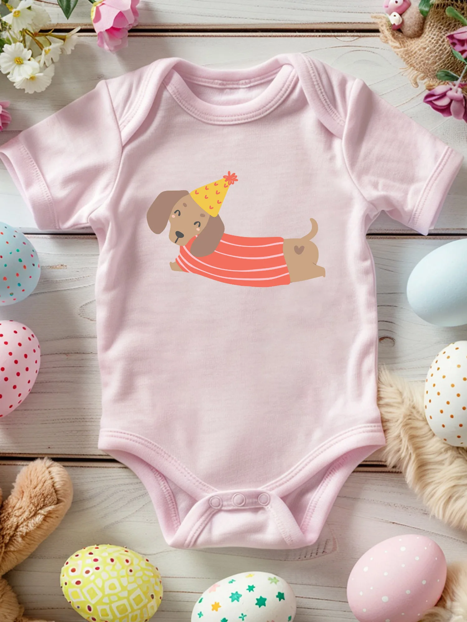 

Happy Birthday Dachshund Unisex Baby Crawling Suit, 100% Cotton Soft Onesie, All-Season Wear Pink Bodysuit 190GSM