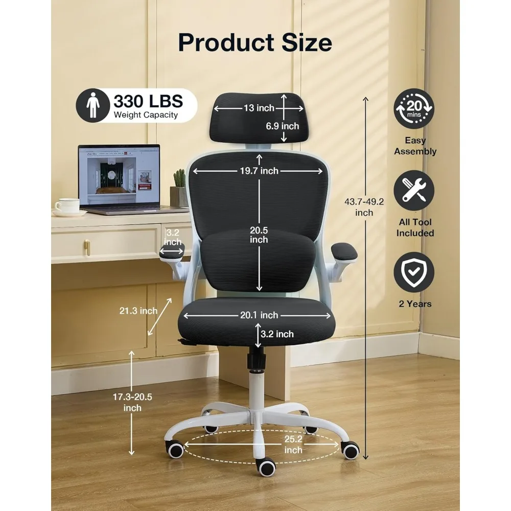 Ergonomic Office Chair With Tilt-Lock High Back Mesh Desk Chair With Adjustable Headrest Computer Armchair Black and White