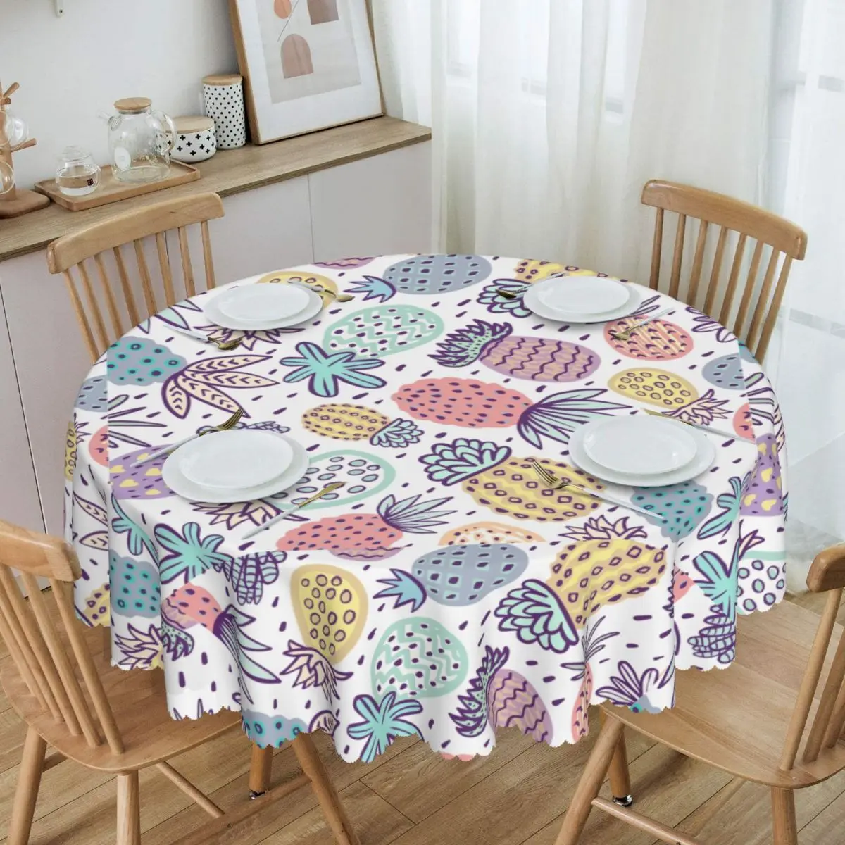 Custom Pineapple Digital Art Tablecloth Round Oilproof Table Cover Cloth for Dining Room 60 inch