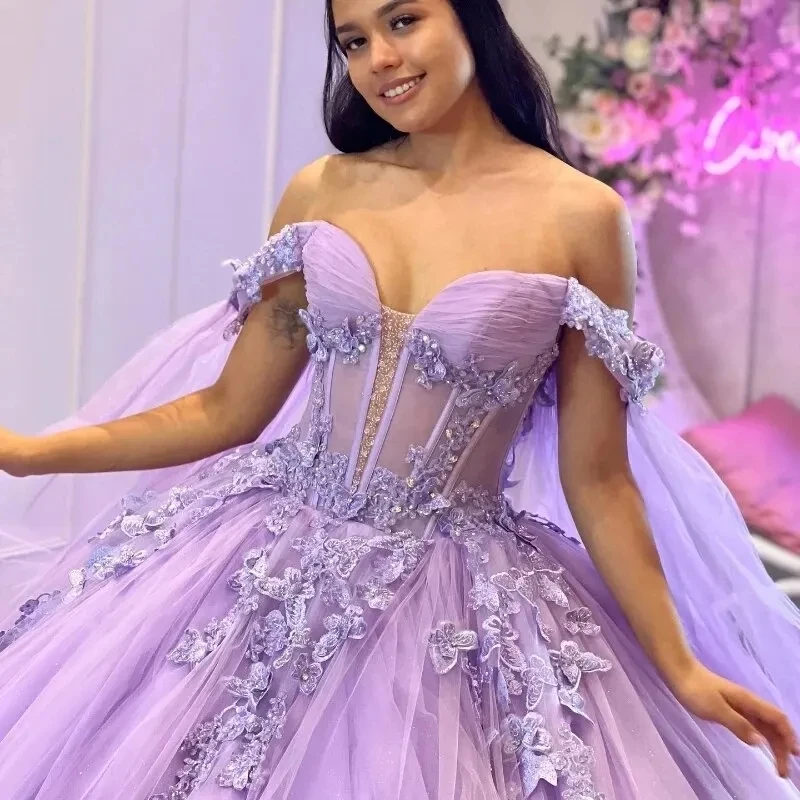 Angels bridep glänzende Lavendel Schmetterling Quince anera Kleider mit Cape Perlen Spitze Vestidos de 15 Anos Geburtstags feier Prinzessin