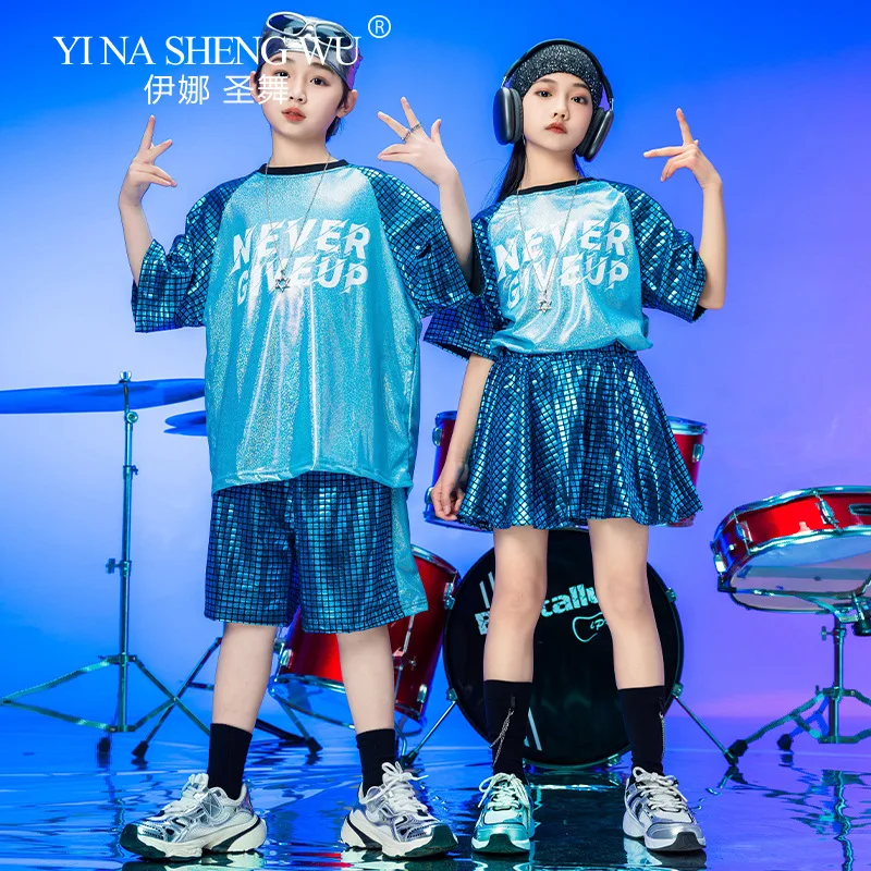 Kids Blue Sequins Performance Set Boys and Girls Hip Hop Street Dance Performance Clothes Stage Catwalk Student Cheerleader Suit