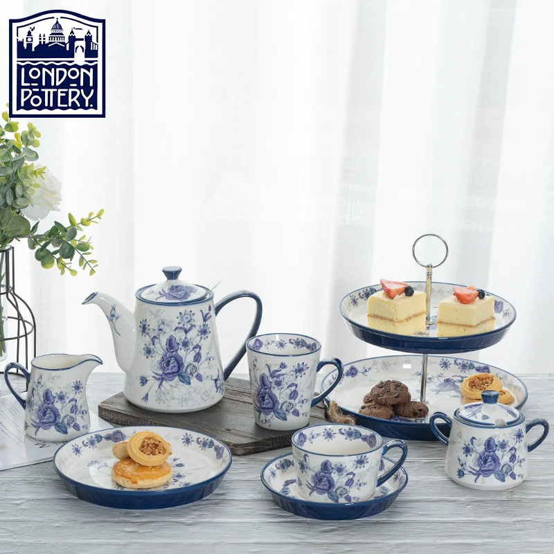 LondonPottery Blue Rose Range Afternoon Tea Set Ceramic Coffee Cup Saucer Sugar Jar Creamer Teapot with Infuser Mug Cake Stand