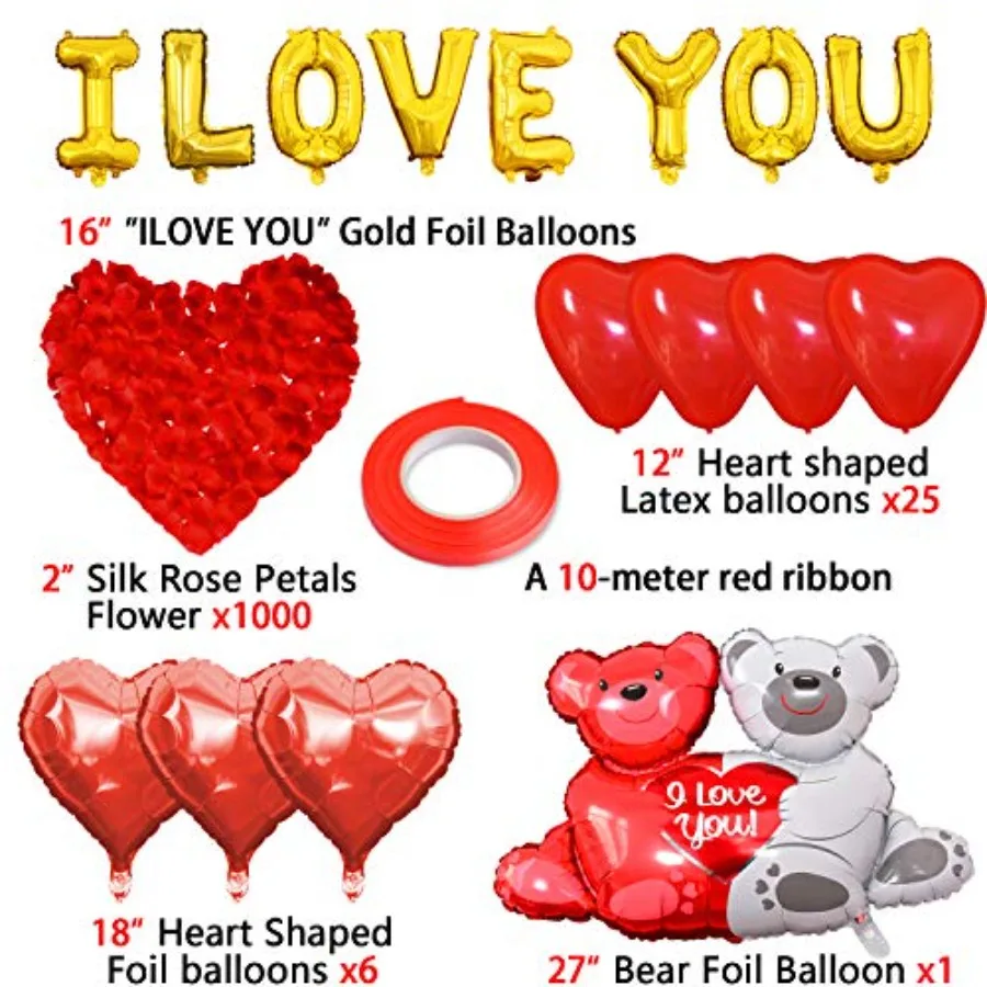 I Love You Balloons And Wedding Balloons SetRomantic Heart Balloon Kit With 1000 Pcs Red Rose Wedding Decoration For Anniveary