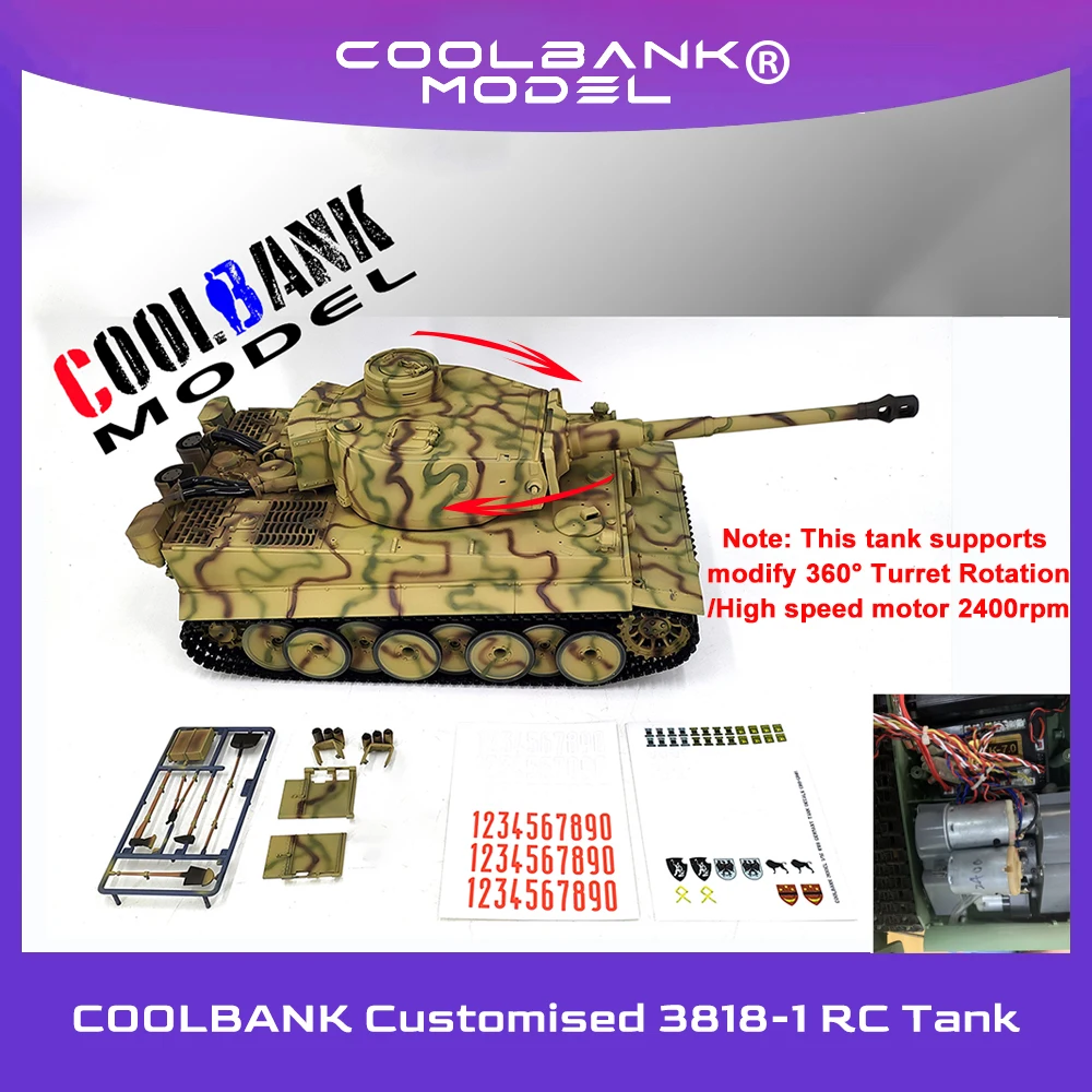 Coolbank 1/16 7.0 Henglong 업그레이드 타이거 I RC 탱크 3818 360 ° 터렛 배럴 리코일 탱크 모델, 성인용 BB 슈팅 에어소프트 탱크