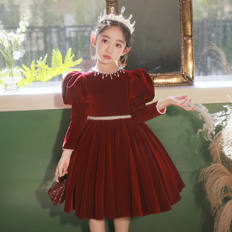

2026 Children's Dress Girls' Princess Autumn Spring Clothes High-End New Year Birthday Host Piano Dress Red Dress Evening Gown