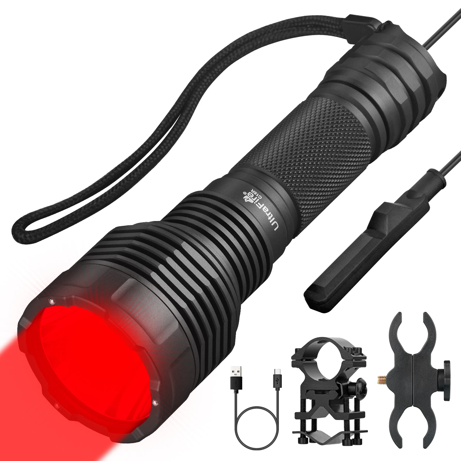 UltraFire C15R Red Light Flashlight 10W 350M Tactical LED USB TypeC Rechargeable Portable Outdoor Torch Light Night Hunting Lamp