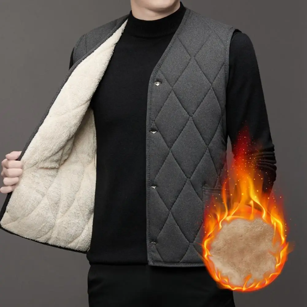 Men Warm Vest Coat Single-breasted Cozy Plush Lining Jacket Solid Color Plus Size Warm Thick Waistcoat Men Winter Outerwear