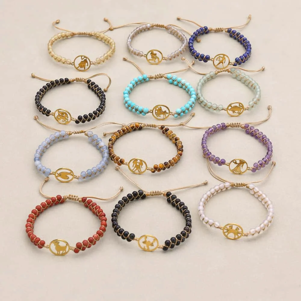 Natural Stone Beads Zodiac Sign Bracelet Women Men Friendship Gift 12 Constellation Gemini Virgo Leo Libra Bracelet