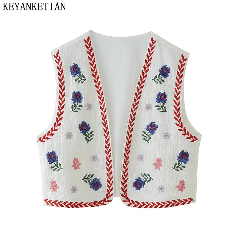 KEYANKETIAN 2024 New Launch Women's Geometric Floral Embroidery Vest Waistcoat Pastoral style Sleeveless Crop Top Outerwear Coat