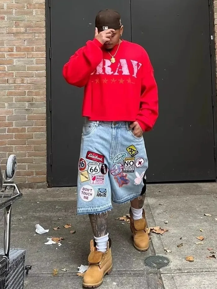 Washed Denim Short Pants Men's High Street Design Loose Straight Leg Five-Point Pants Men's Fashion Brand Print Cross-Border