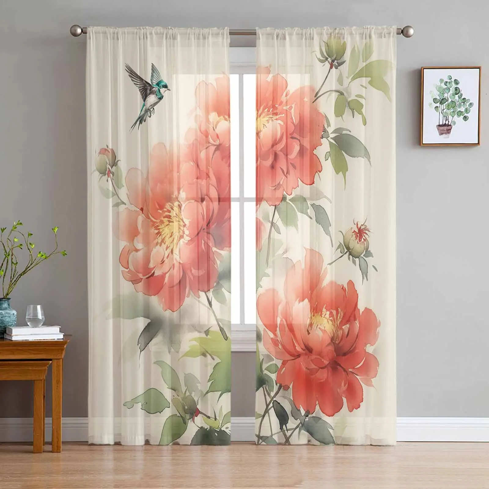 Flowers Chrysanthemums Birds  The Sea Sheer Curtains for Living Room Bedroom Home Hotel Coffee Decor Chiffon Tulle Curtains