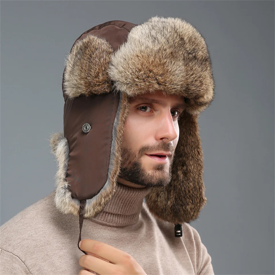 Topi Bomber Rusia Ushanka topi pasukan Trapper Pilot topi penutup telinga bulu kelinci asli musim dingin topi salju pria topi bulu tahan angin uniseks