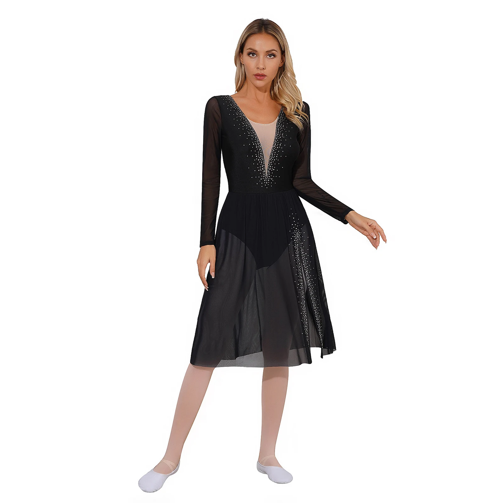 Womens Lyrical Dance Dress Leotard Latin Figure Skating Performance Costume Long Sleeve Shiny Rhinestones Side Split Dancewear