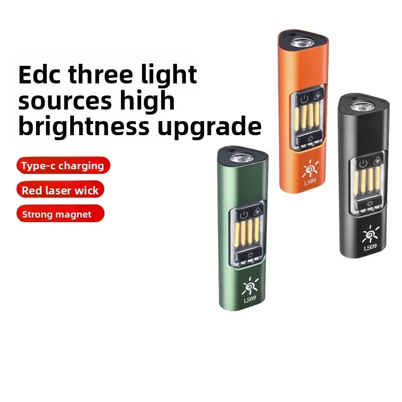 Mini EDC Multi-source Flashlight Magnetic Suction Red Laser Warning Camping Light Portable Multi-function Tool Light