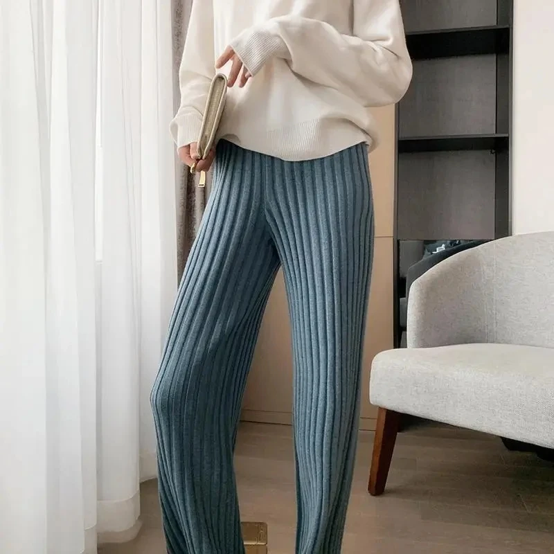 Spring Knitted Pit Wide Leg Trousers Female's Autumn Winter High Waist Slim Loose Casual Micro Floor-Length Pants Woman Clothing