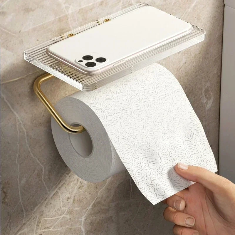 Soporte de papel higiénico dorado de lujo con estante sin perforación, portarrollos de papel acrílico, colgador de pañuelos, accesorios de baño