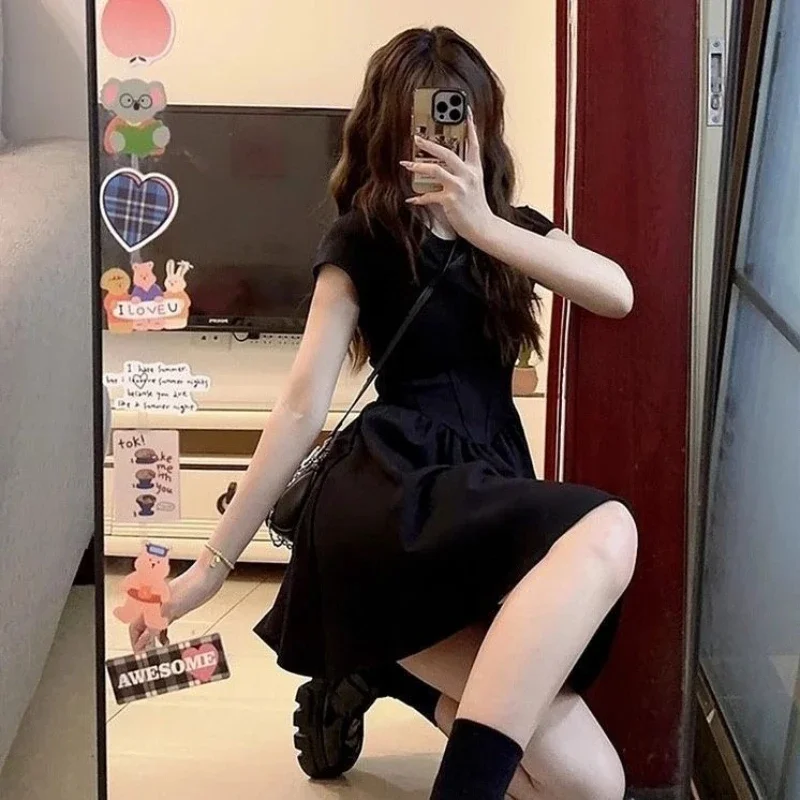 Petite Black Dress High-End Knit Spring Summer Cinched Waist A-Line Slimming O-Neck Short Sleeve Mini Stylish for Junior Ladies