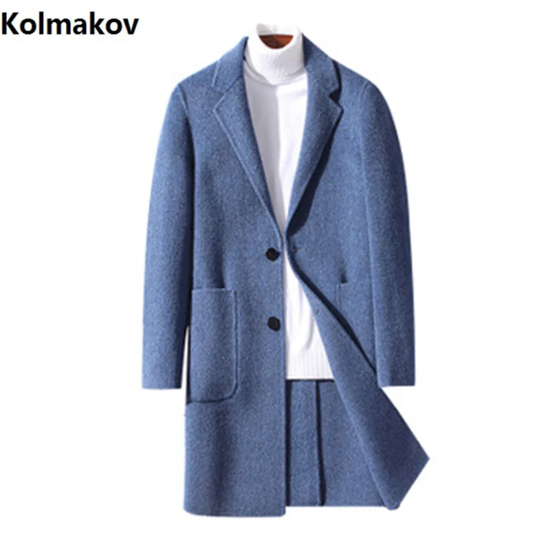 

2024 Winter new Men's Long double side wool coat turndown collar casual woolen overcoat high quality single-breasted trenchcoat