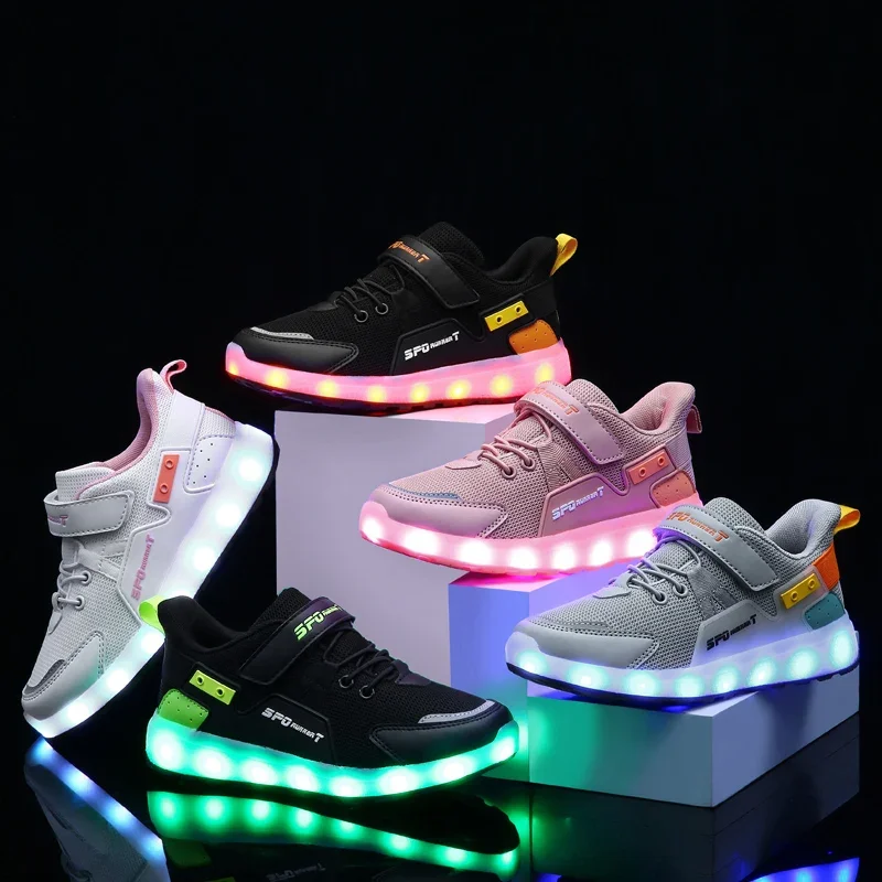 Zapatillas de deporte LED con carga USB para niños y niñas, zapatos de diseñador, botas, zapatos brillantes, zapatillas parpadeantes, fantasma,