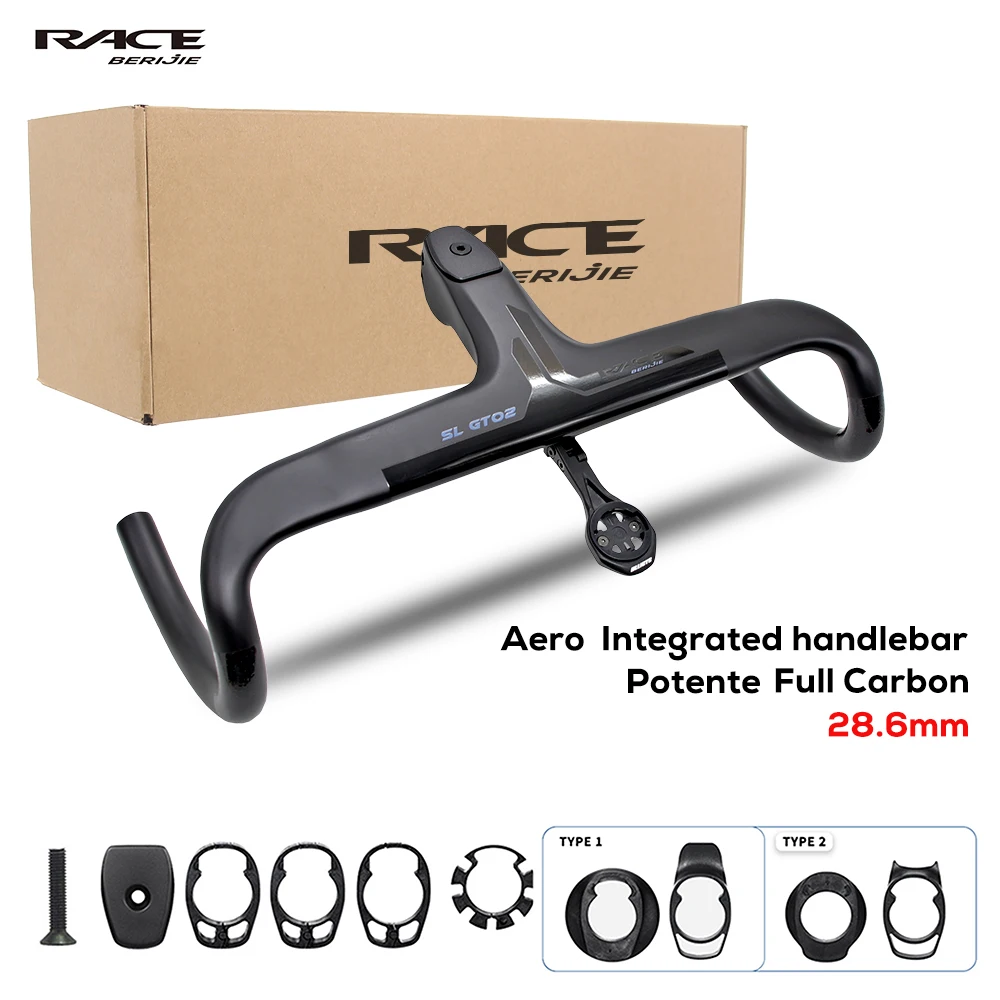 

BERIJIE Full Carbon Fiber Internal Cable Integrated Road Bike Handlebar With Mount,-10°,Bicycle Cockpit Fork steerer 28.6mm