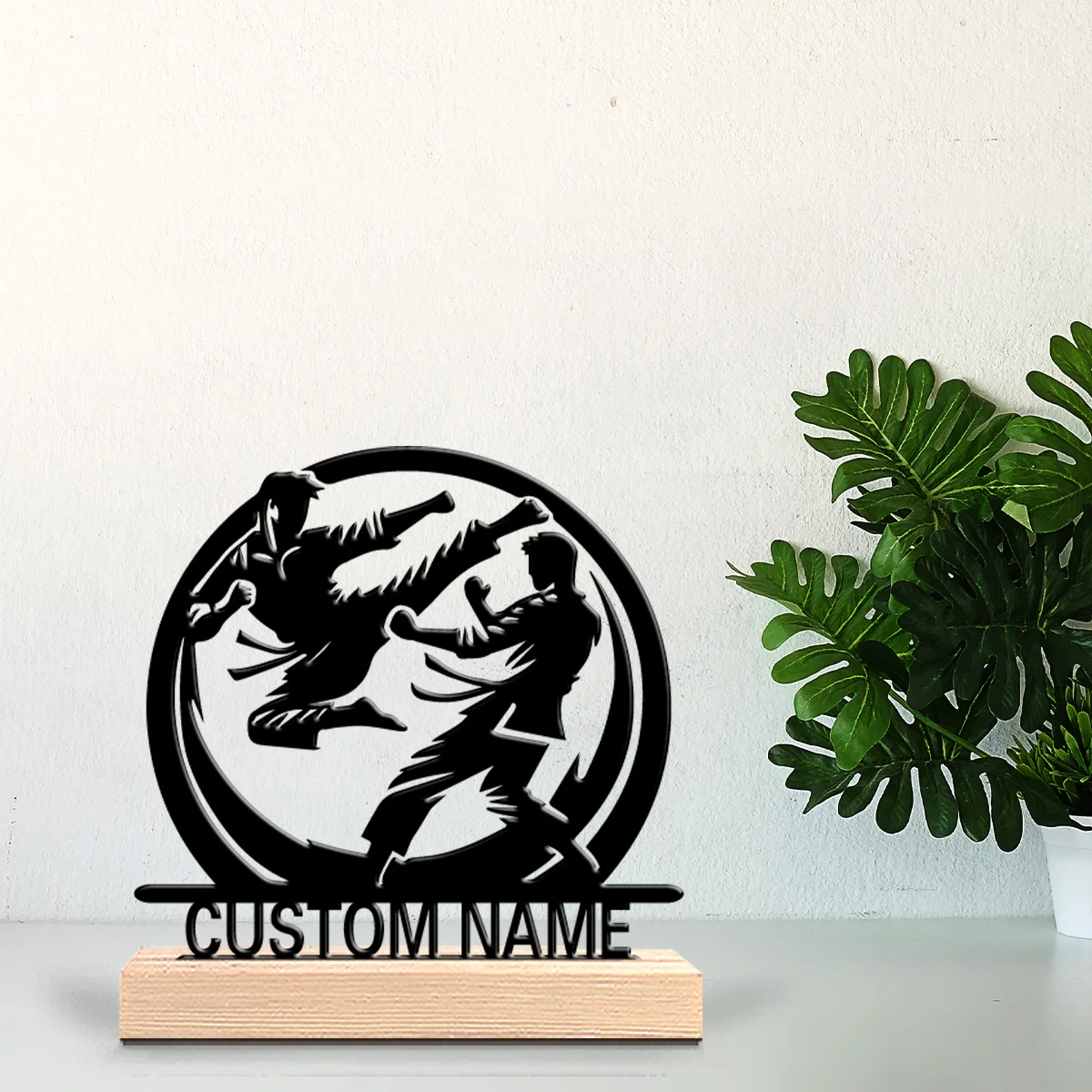 1pc Fashion Taekwondo Custom Letter Metal Statue Metal Ornament Art Crafts With Wood Base With Wood Base For Bedroom Desk Decor