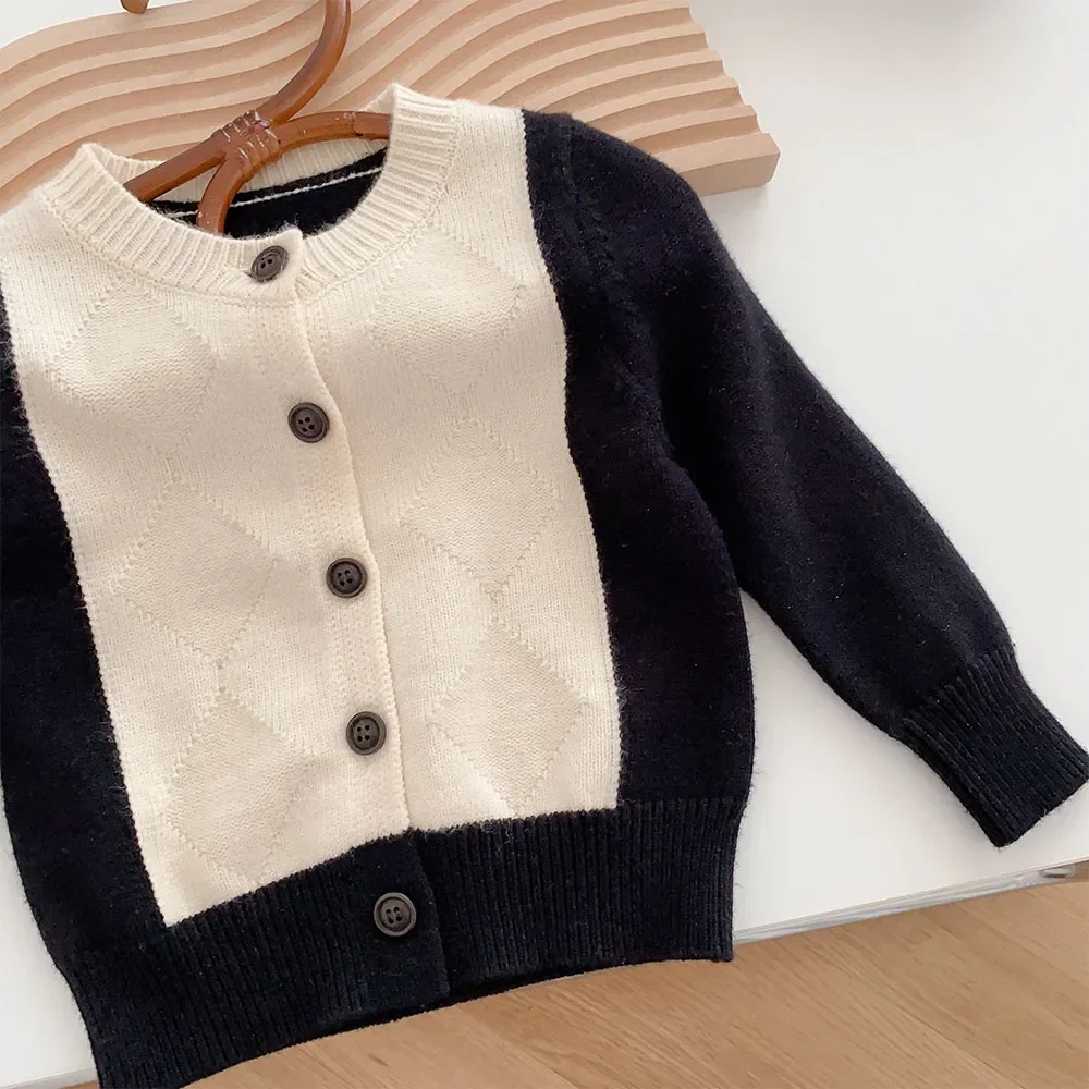 Cardigan de malha patchwork infantil, suéteres infantis, moda masculina, roupas de primavera e outono