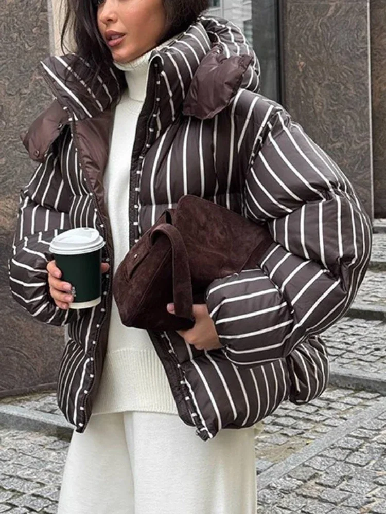 

Winter Striped Hooded Parkas Women Long Sleeve Patchwork Commuting Warm Streetwear Female Parkas Vintage Jackets Outwear