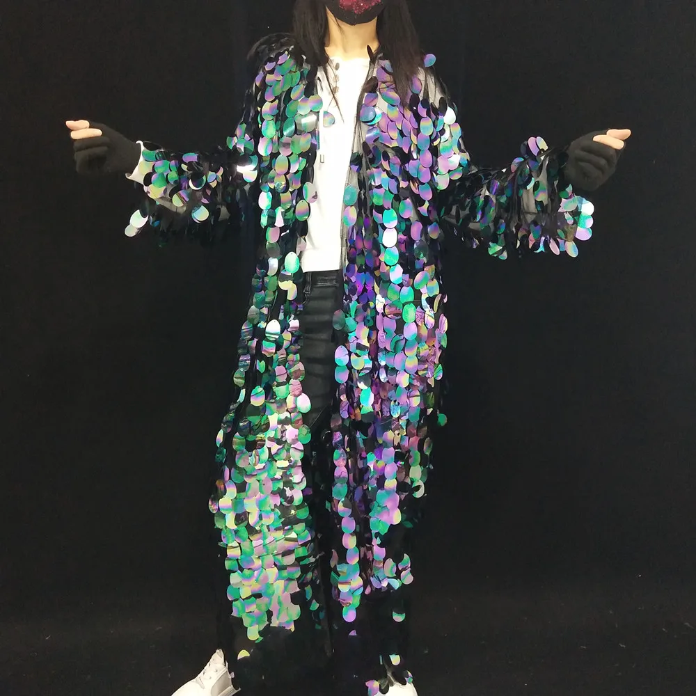 Glitter Sequins Mesh Overcoat Loose Long Coat Cloak Women Festival Party Carnival Rave Outfit Singer Stage Performance Costume