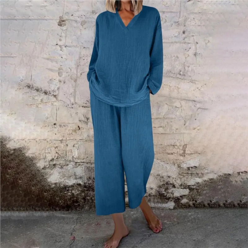 

Solid Color Simple Style 2 Piece Sets Women Outfits 2025 Spring Long Sleeve Tops & Loose Wide Leg Pant Casual Set Female Clothes