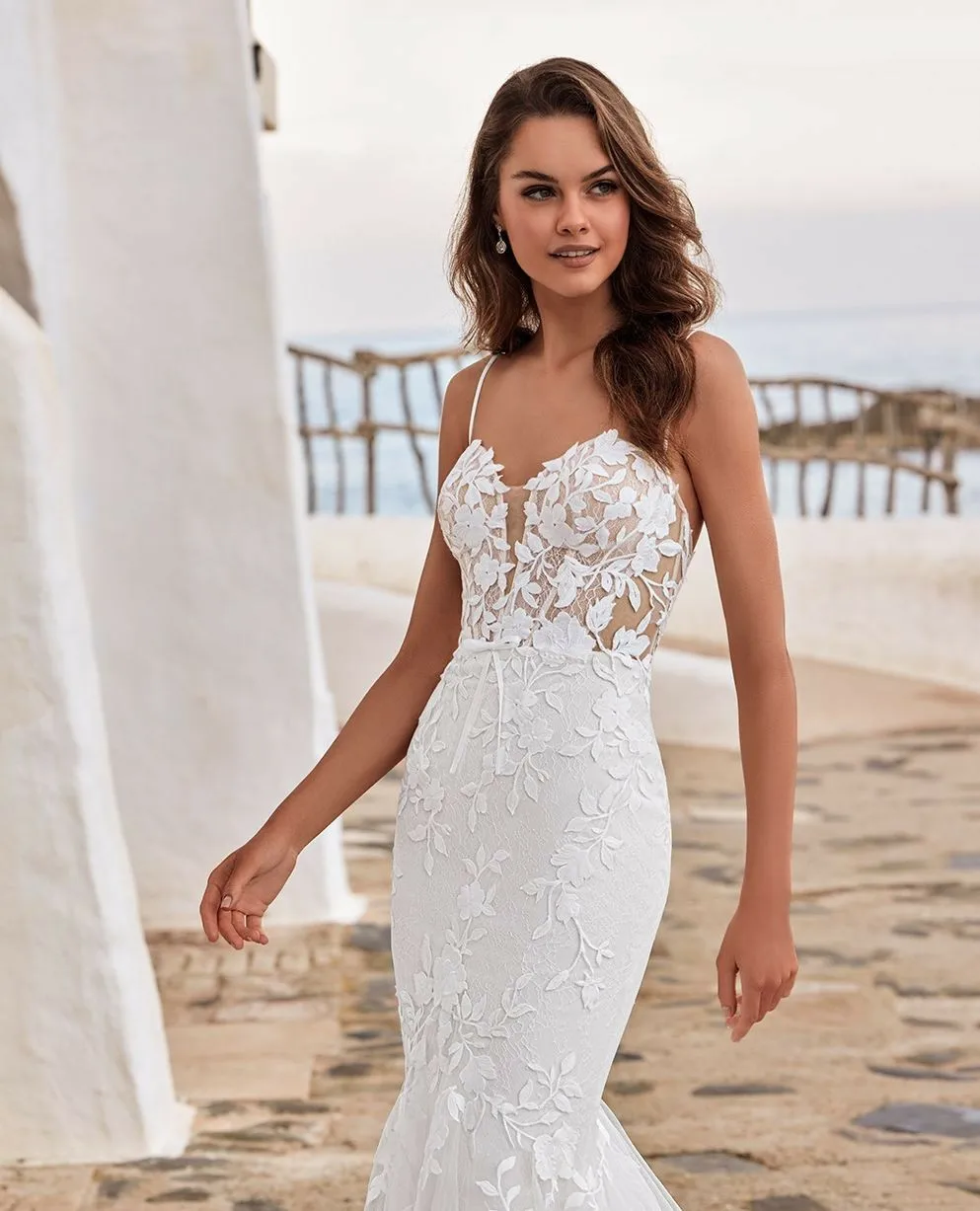 فاخر بوهو حورية البحر فستان الزفاف المرأة مخصصة السباغيتي الأشرطة مثير عارية الذراعين المرأة زين الدانتيل سويب تراين فستان زفاف