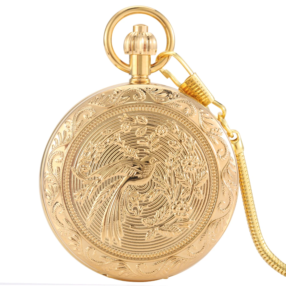 Elegant Charm Bird Flowers Design Golden Pure Copper Mechanical Self-Wind Pocket Watch Men Antique Style Gift Box Timepiece Male