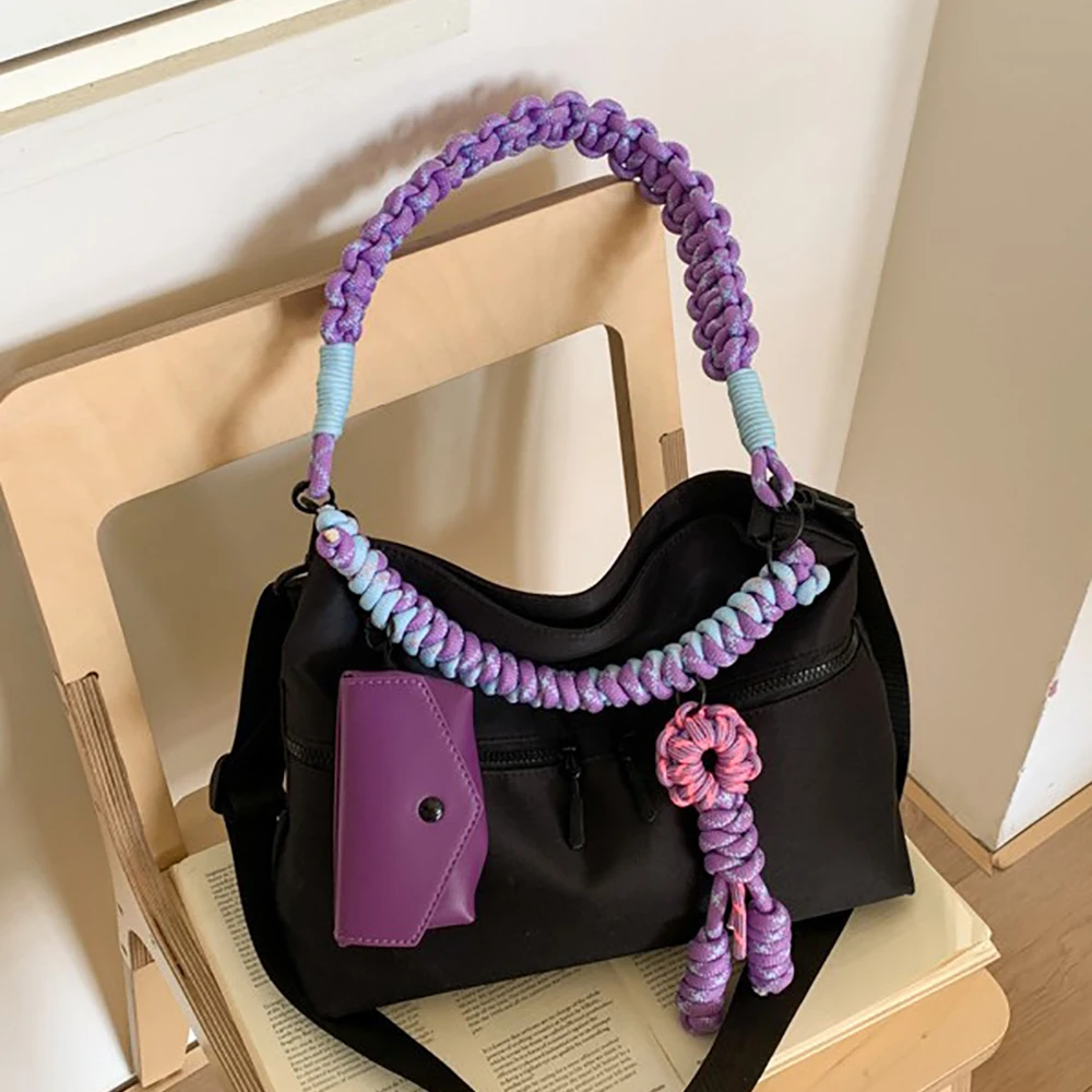 

Женская черная сумка через плечо с плетеными ремешками и декоративными узлами, уникальная повседневная эстетичная сумка для шопинга и путешествий 2026