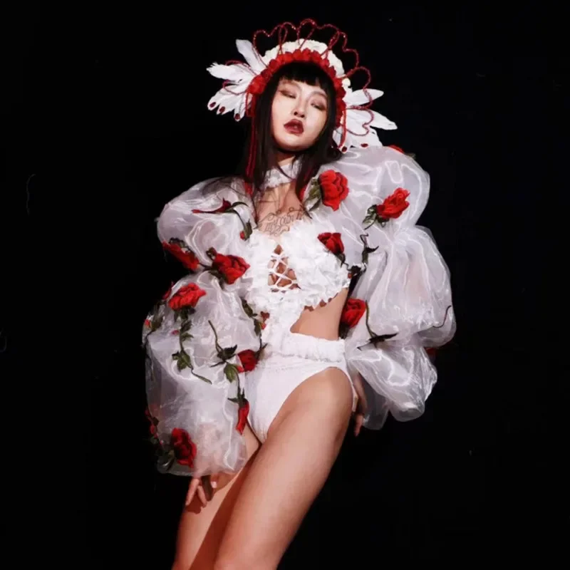 Kostium taneczny z bufiastymi rękawami i wycięciami, seksowny strój do klubu nocnego, dla tancerki gogo, na występy sceniczne, festiwal, rave.