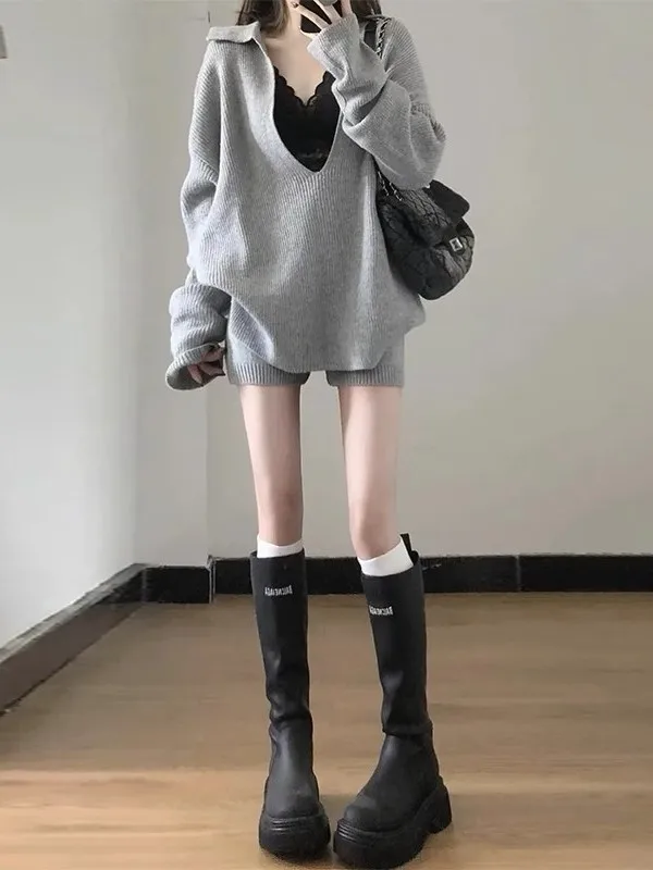 

Вязаный свитер Dr Set, женская осенняя коллекция, модный образ OOTD, V-образный вырез, длинный рукав, свободный крой, для повседневной носки