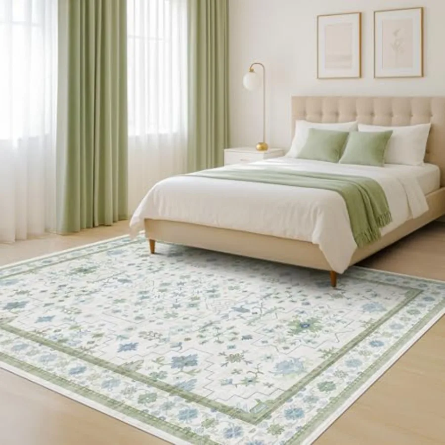 

Green and Blue Rugs for Bedroom 5x8 - Oushak Boho Area Rug, Washable Low Pile Non-Slip Soft Foldable Indoor Carpet for Nursery