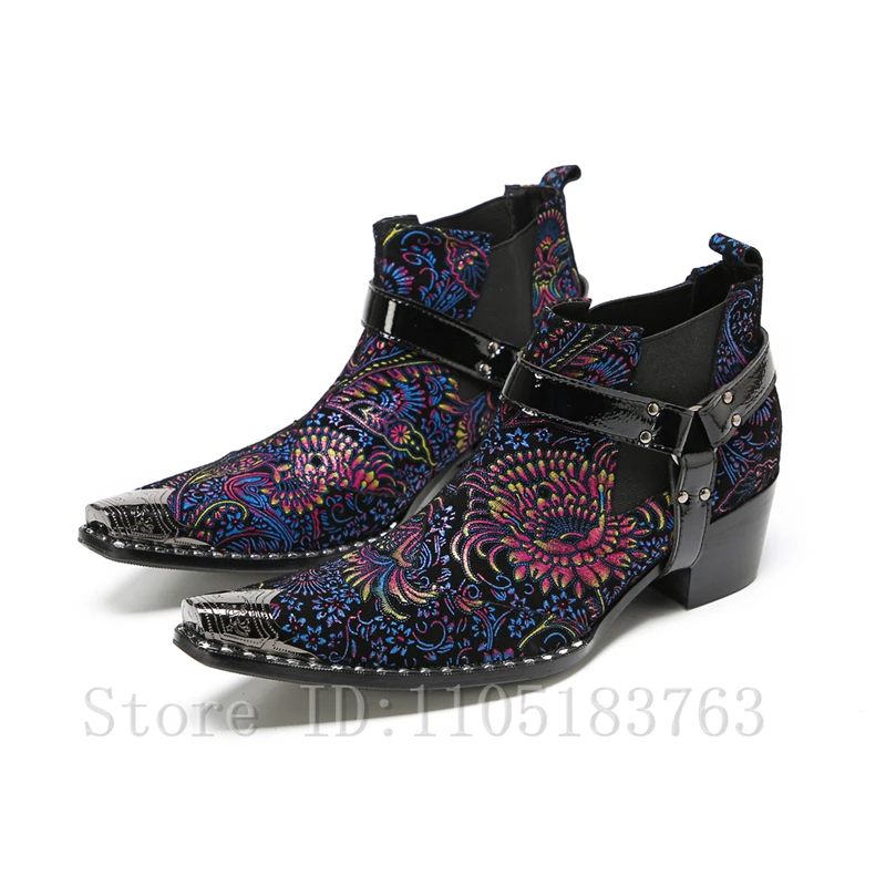 Men's Floral Print Western Ankle Boots, Metal Pointed Toe Thick Heel Chelsea Boots with Harness Buckle Fashion Party Stage Shoes